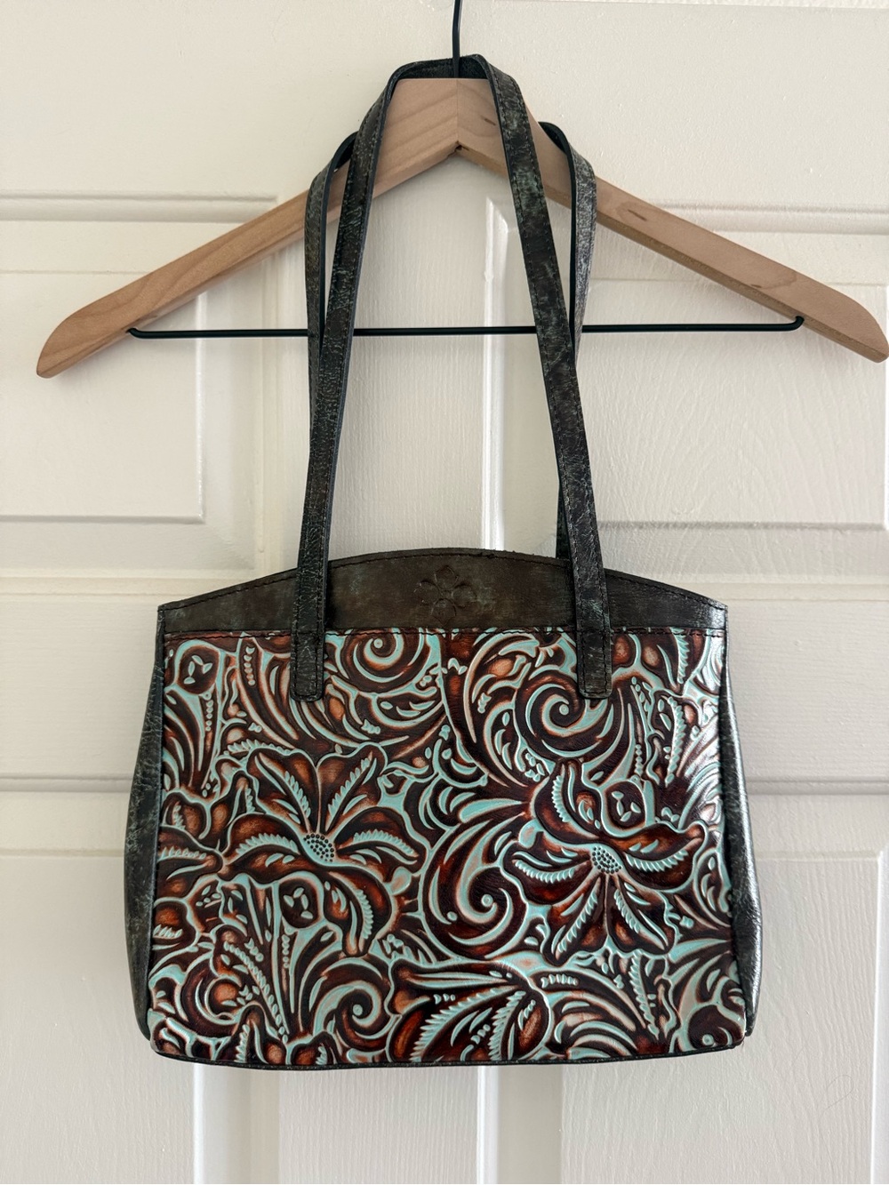 Patricia Nash Hand-Tooled Floral Leather Small Handbag in Turquoise and Brown